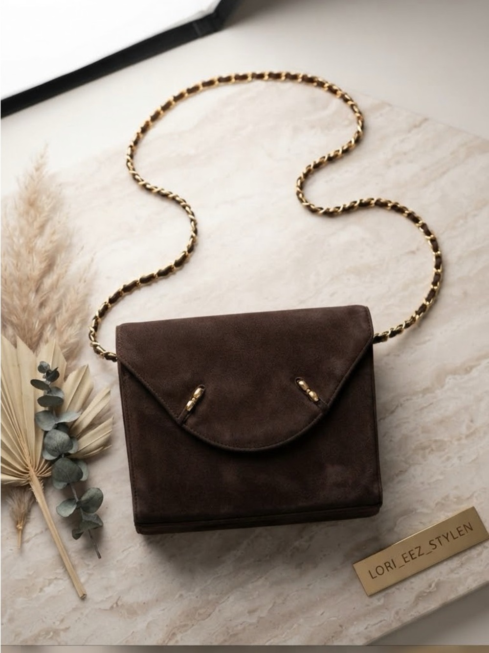 VINTAGE BERRETTI Brown Suede Crossbody with Gold Chain